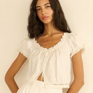 NWT Doen Nera Cotton Poplin Eyelet Button Short Sleeve Blouse Top Salt White